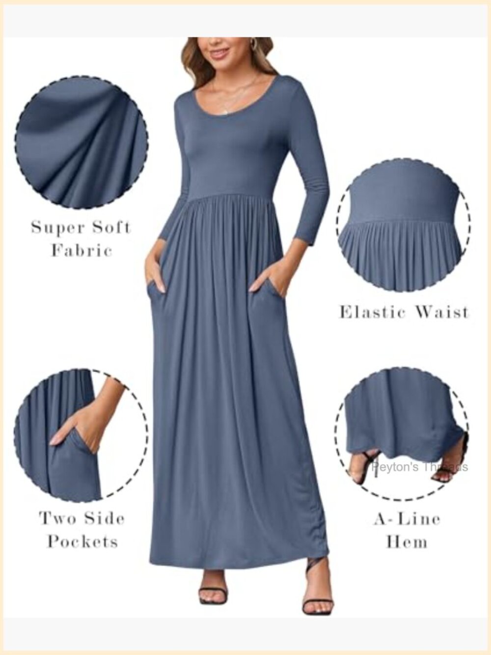 Women's Long Sleeve Loose Maxi Dress with Pockets Crew Neck - Picture 3 of 5